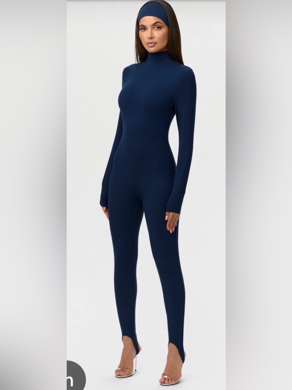 Naked Wardrobe  Butter Stirrup Navy Long-Sleeve double knit One-Piece Bodysuit